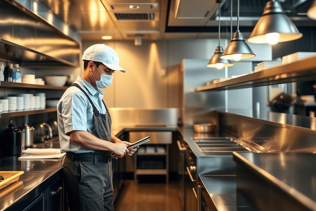Pest control technician inspecting a Melbourne restaurant commercial kitchen after hours